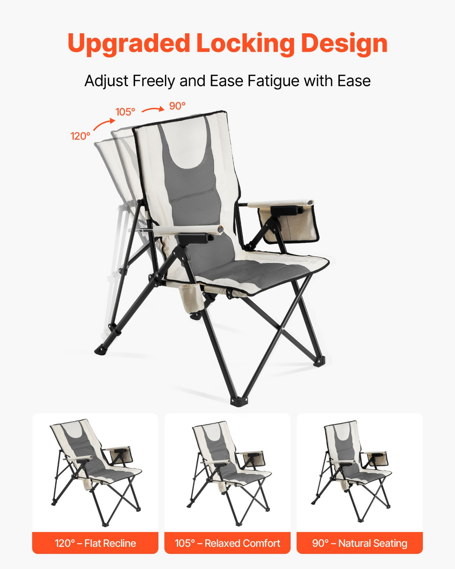 Start2Finish VEVOR outdoor folding camping chair with 3 reclining positions, padded seat, armrest, headrest, and 260lb capacity.