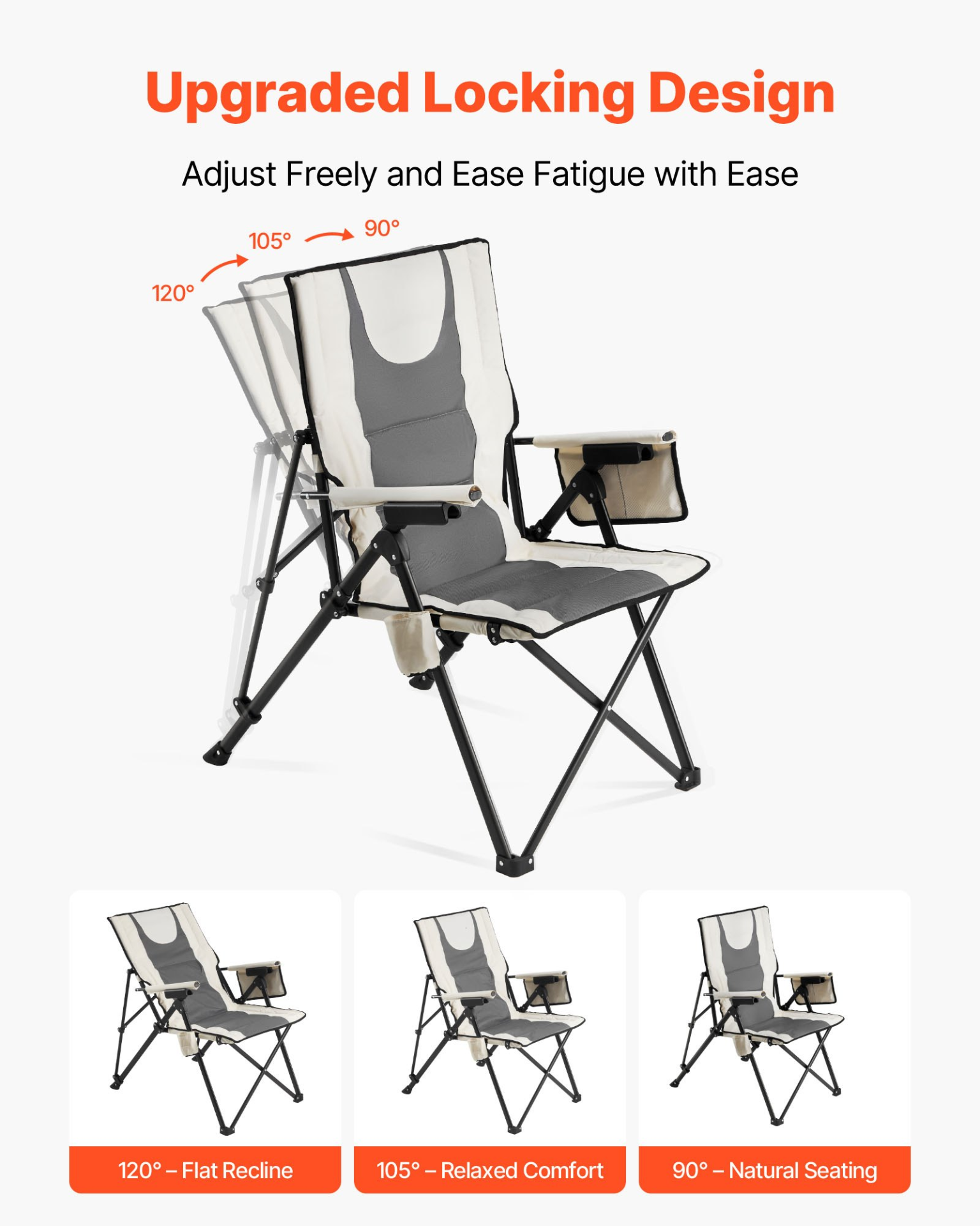 Start2Finish VEVOR outdoor folding camping chair with 3 reclining positions, padded seat, armrest, headrest, and 260lb capacity.