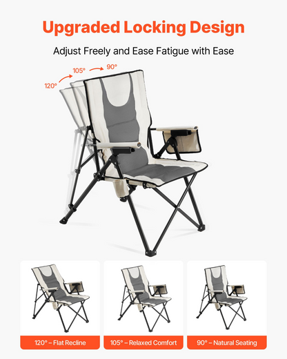 Start2Finish VEVOR outdoor folding camping chair with 3 reclining positions, padded seat, armrest, headrest, and 260lb capacity.