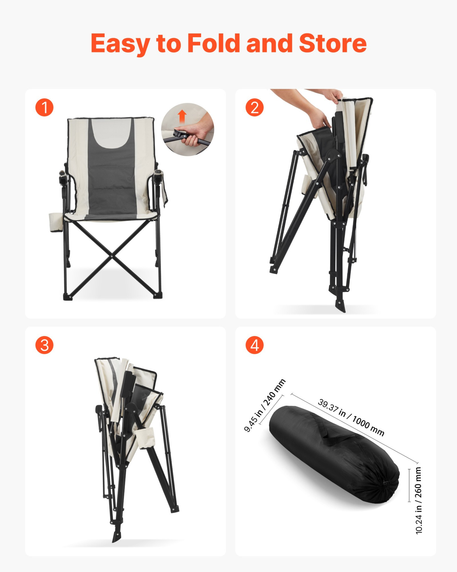 Start2Finish VEVOR outdoor folding camping chair with padded seat, armrest, headrest, 3 recline positions, and 260lbs capacity.