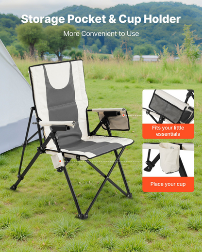 Start2Finish VEVOR outdoor folding camping chair with padded seat, armrest, headrest, and three reclining positions.