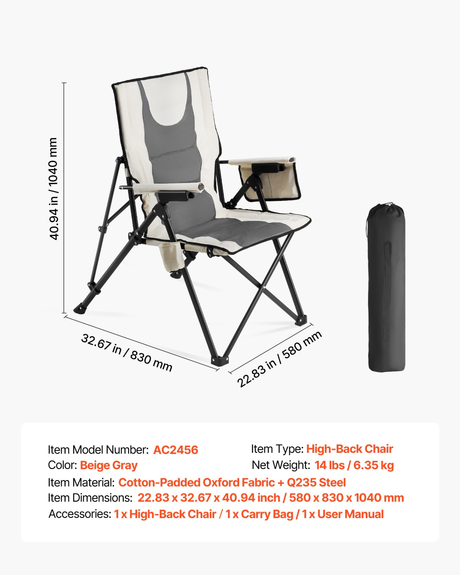 Start2Finish VEVOR folding camping chair with 3 reclining positions, padded armrest and headrest, outdoor high back design