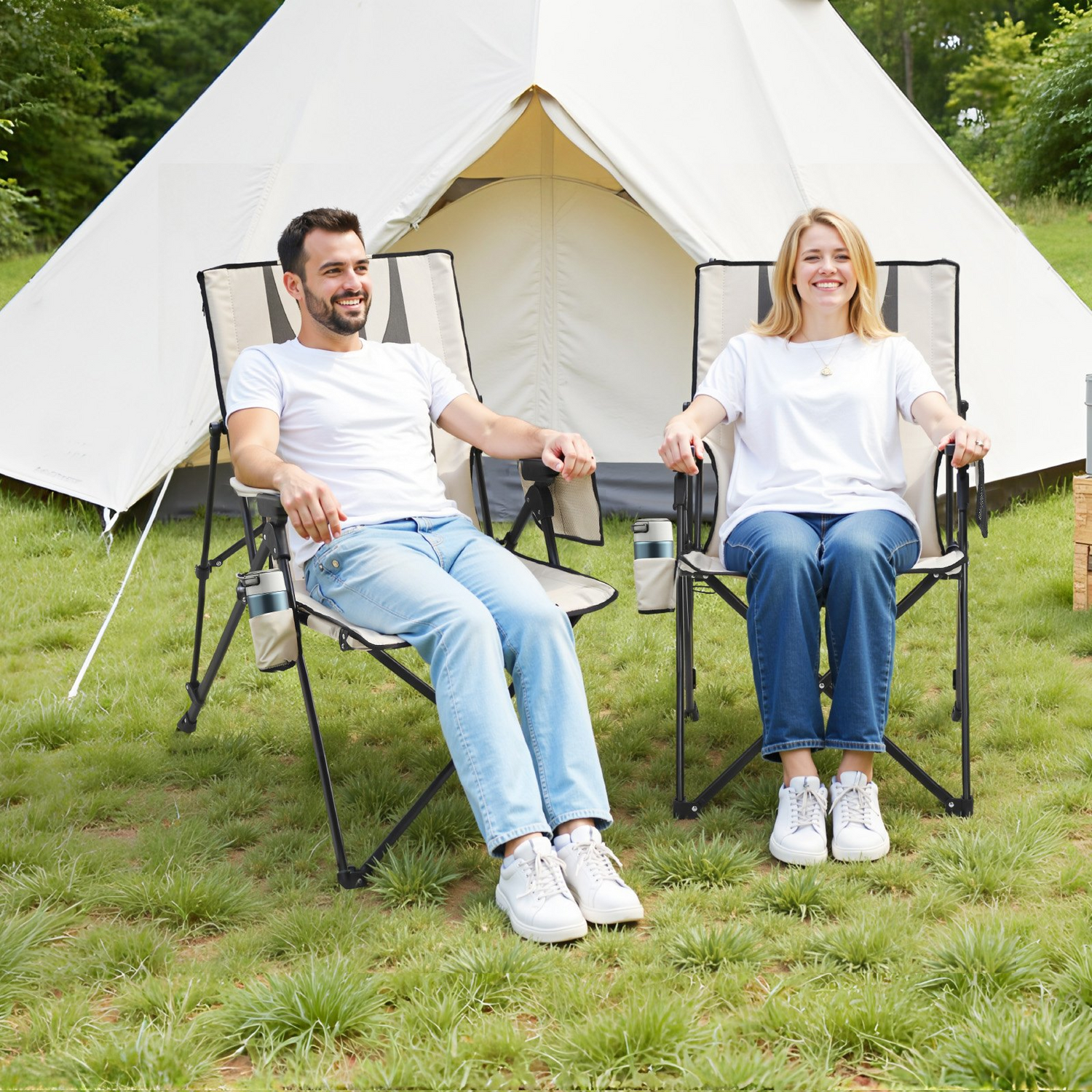 Start2Finish VEVOR outdoor folding camping chair with 3 reclining positions, padded high back, armrest, headrest, and 260lbs capacity.