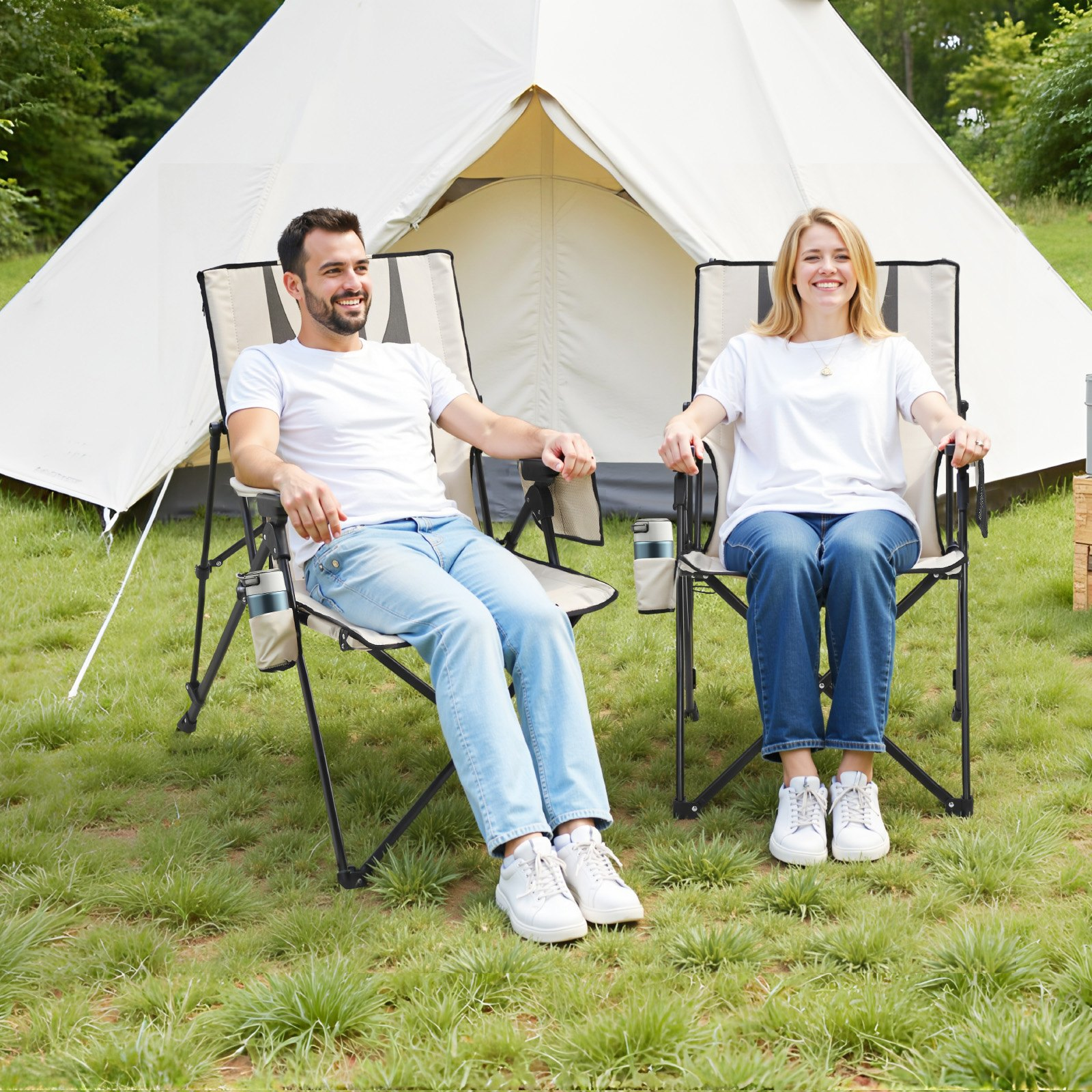 Start2Finish VEVOR outdoor folding camping chair with 3 reclining positions, padded high back, armrest, headrest, and 260lbs capacity.