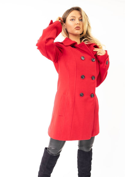 Rose Eleusis wool feel double-breasted hooded coat featuring a stylish design and front buttons, perfect for cold weather.