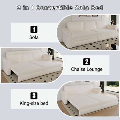 King Size Multifunctional Sleeper Sofa Beige Velvet
