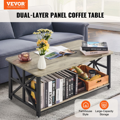 Rustic brown and black VEVOR 40-inch farmhouse coffee table with open storage, wooden rectangular design for living rooms and bedrooms.