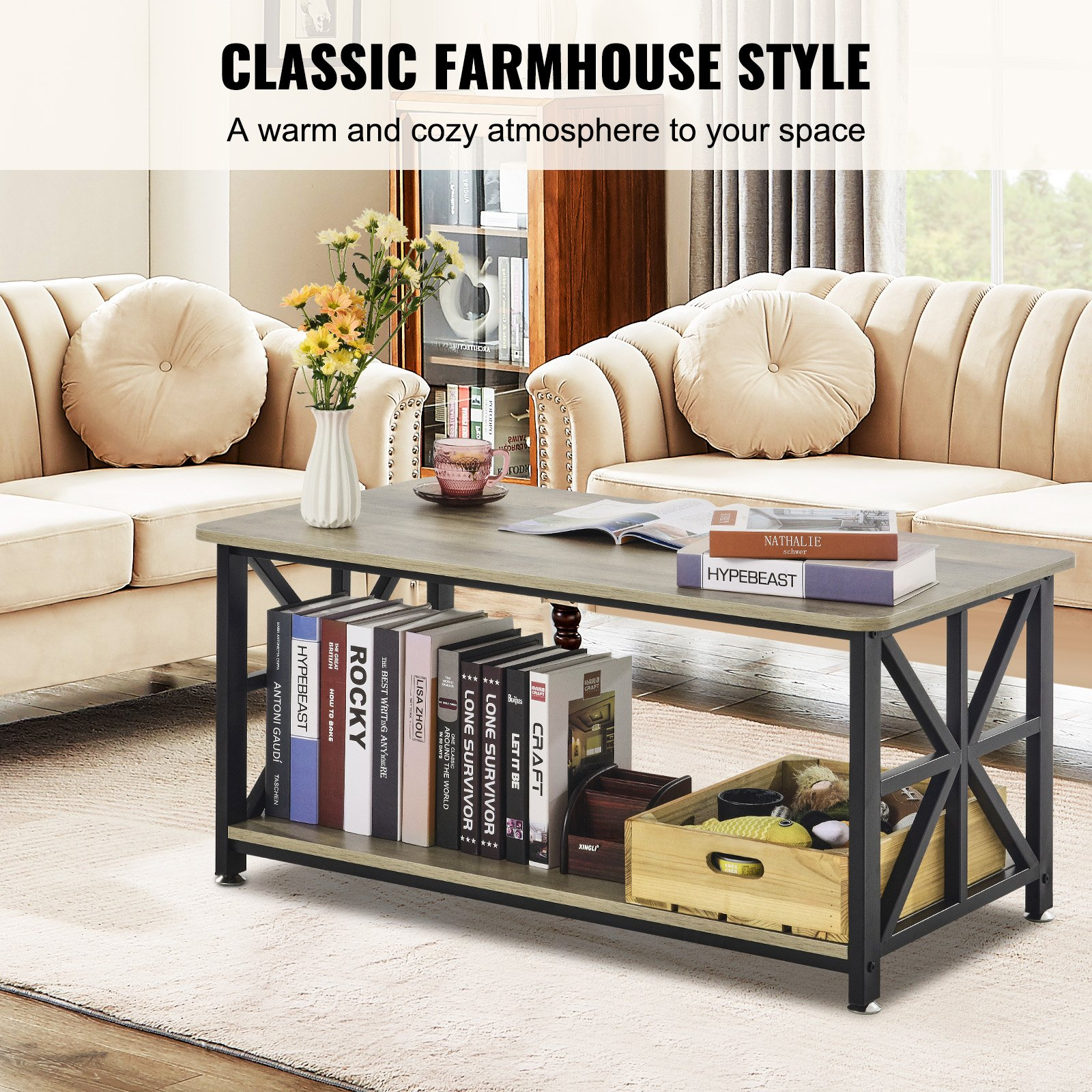 Rustic brown and black VEVOR 40-inch farmhouse coffee table with open storage, wooden rectangle design for living room or bedroom.