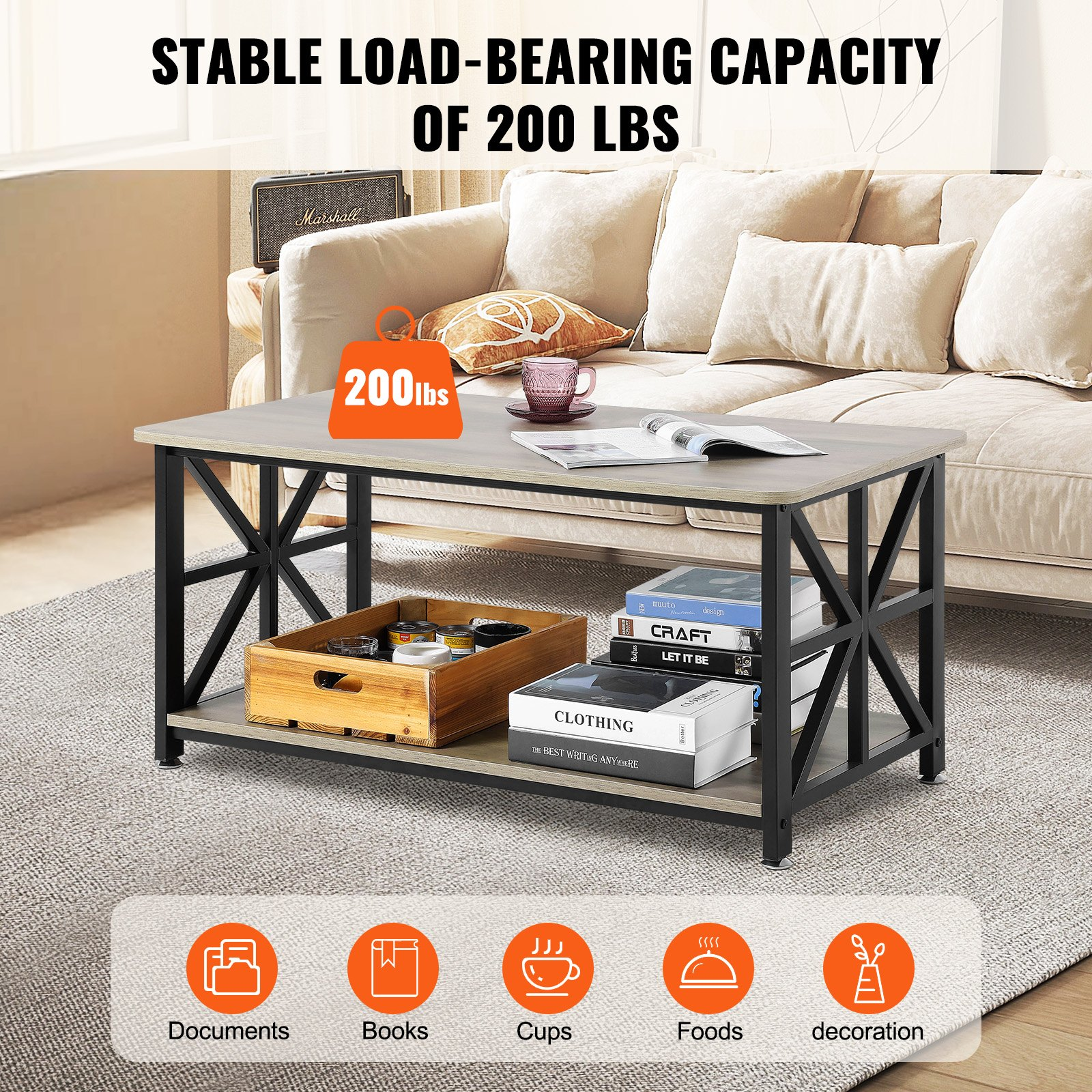 Start2Finish VEVOR 40-inch rustic farmhouse coffee table with open storage, wooden rectangle design in brown and black for living rooms.