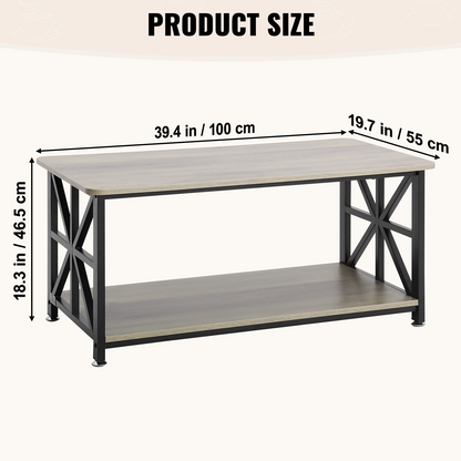 Rustic brown and black VEVOR 40-inch farmhouse coffee table with open storage, wooden rectangle design for living room or bedroom.