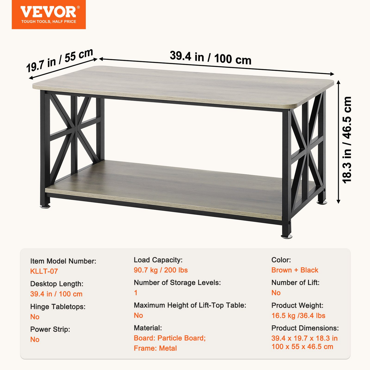 Start2Finish VEVOR 40-inch rustic farmhouse coffee table with open storage, wooden rectangular design in brown and black for living room.