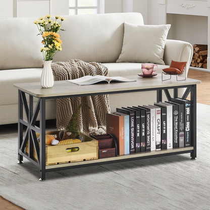 Rustic brown and black VEVOR 40-inch farmhouse coffee table with open storage, wooden rectangle design for living room or bedroom.