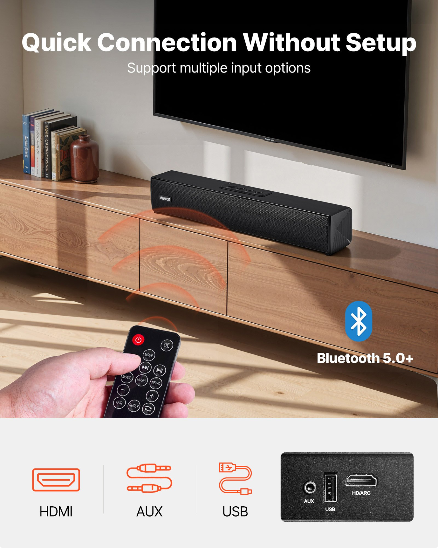 Start2Finish 17-inch VEVOR sound bar with 80W output, Bluetooth and AUX, compact TV speaker for home theater and PC audio.