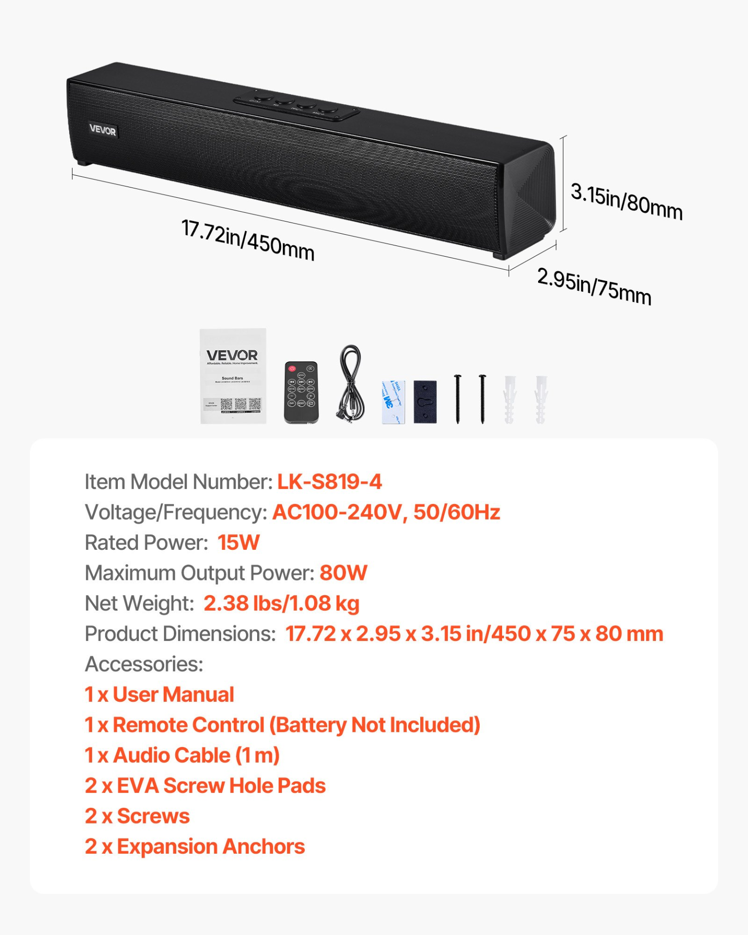 Start2Finish VEVOR 17-inch 2.0 channel soundbar with remote, Bluetooth, AUX, and 80W surround sound for TV and home theater audio