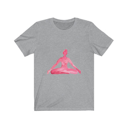Yellow Pandora yoga meditation pose print T-shirt featuring a relaxed figure in a peaceful seated pose on soft fabric.