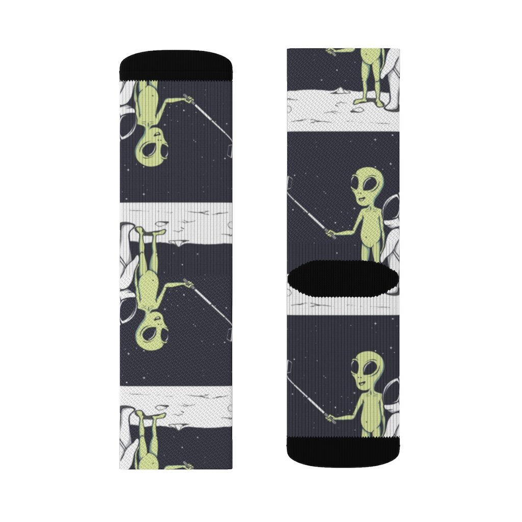 Yellow Pandora Funny Alien Selfie Socks featuring colorful alien characters taking selfies, casual and playful sock design.