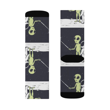 Yellow Pandora Funny Alien Selfie Socks featuring colorful alien characters taking selfies, casual and playful sock design.