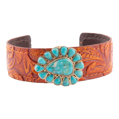 Blue turquoise leather cuff bracelet with gold accents, stylish jewelry by Start2Finish featuring a bold, modern design.