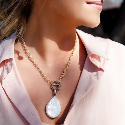Start2Finish Abby white mother of pearl golden pendant necklace with intricate jewelry design, close-up view of pendant and chain.