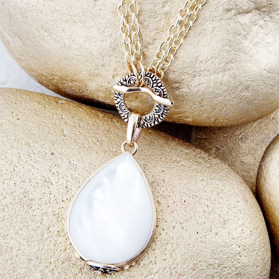 White mother of pearl pendant necklace with golden accents from Start2Finish jewelry, featuring a delicate, polished design.