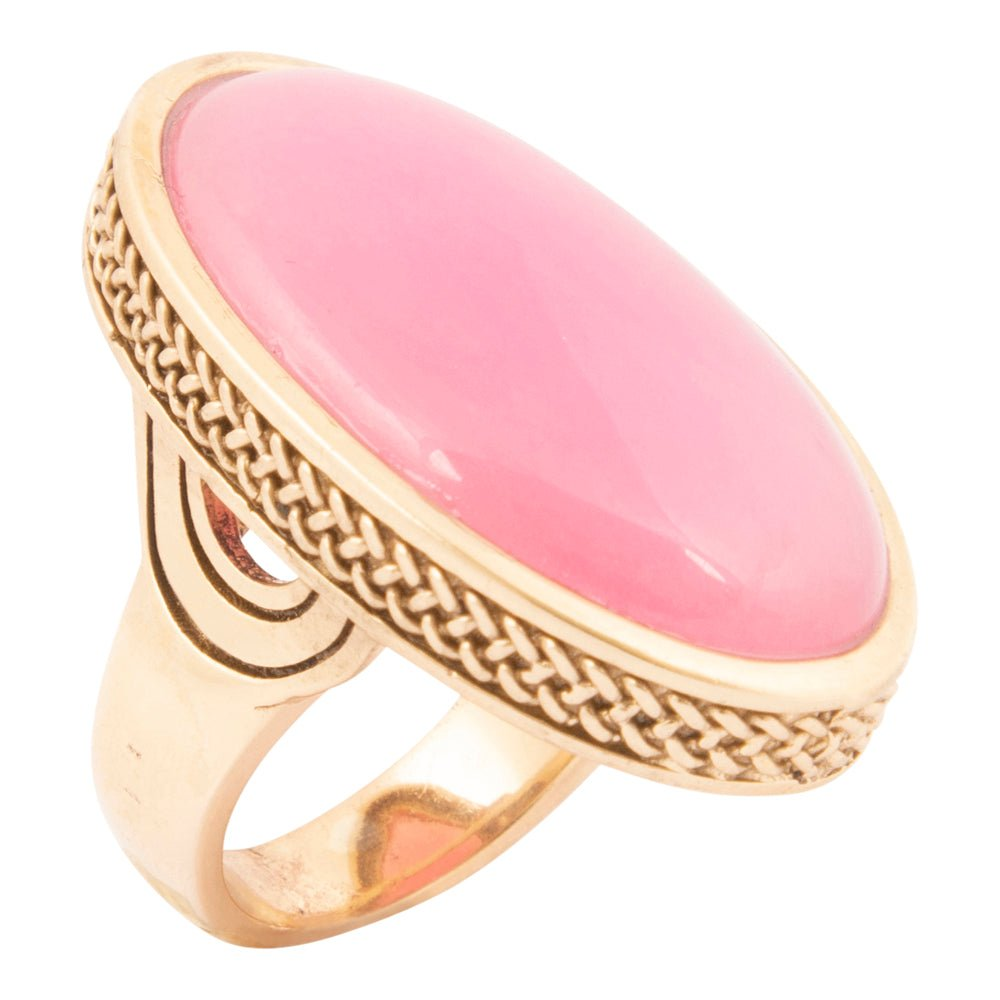 Ovation Pink Jade Golden Statement Ring by Start2Finish featuring a bold pink jade stone and gold band in a striking jewelry design.