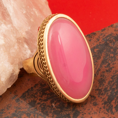 Ovation Pink Jade Golden Statement Ring by Start2Finish featuring a vibrant pink jade stone and gold band jewelry.