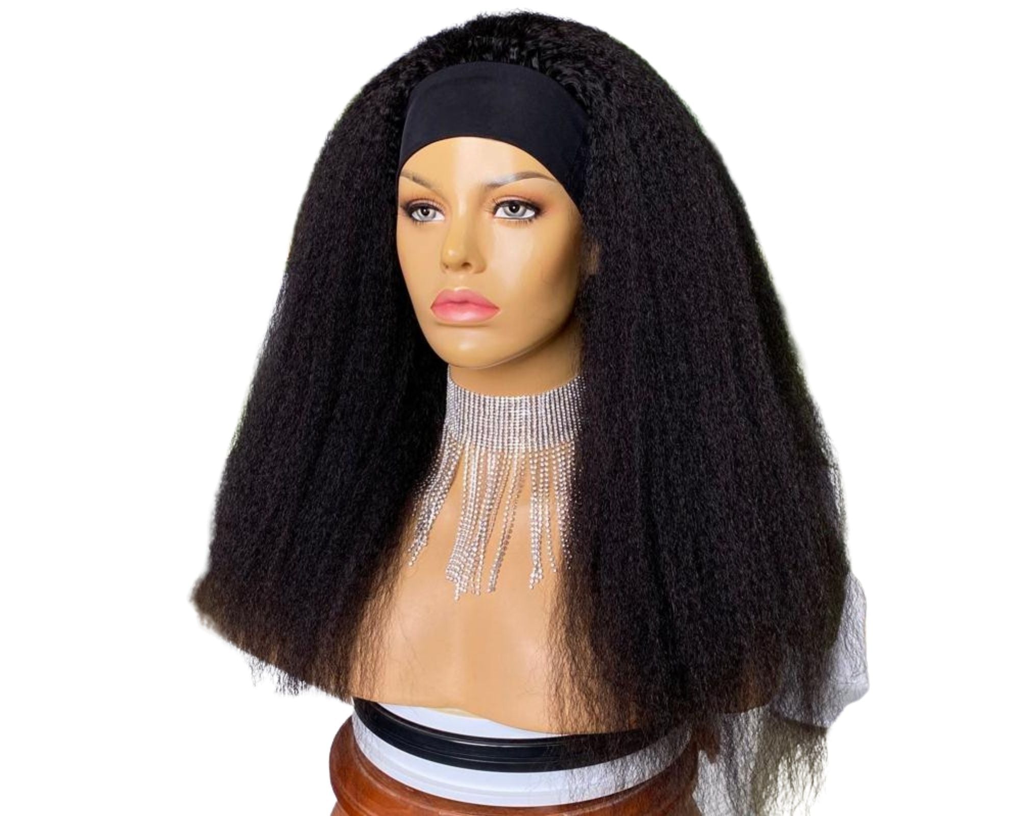 Kinky straight human hair headband wig by Cerise Alfie with a stylish scarf, easy to wear, no glue needed, perfect for bath and beauty.