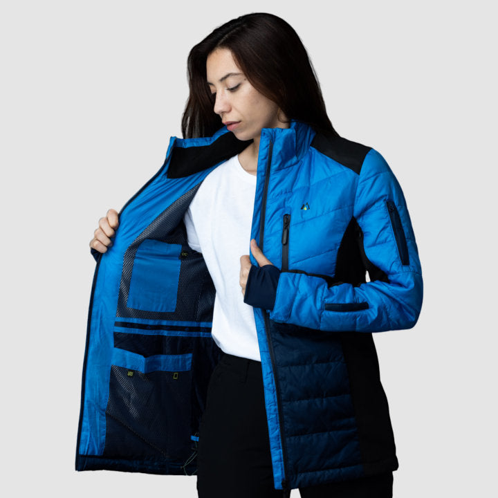 Women’s Rose Hemera EcoDown Jacket in blue, activewear outerwear with a padded, insulated design and hood for cold weather.