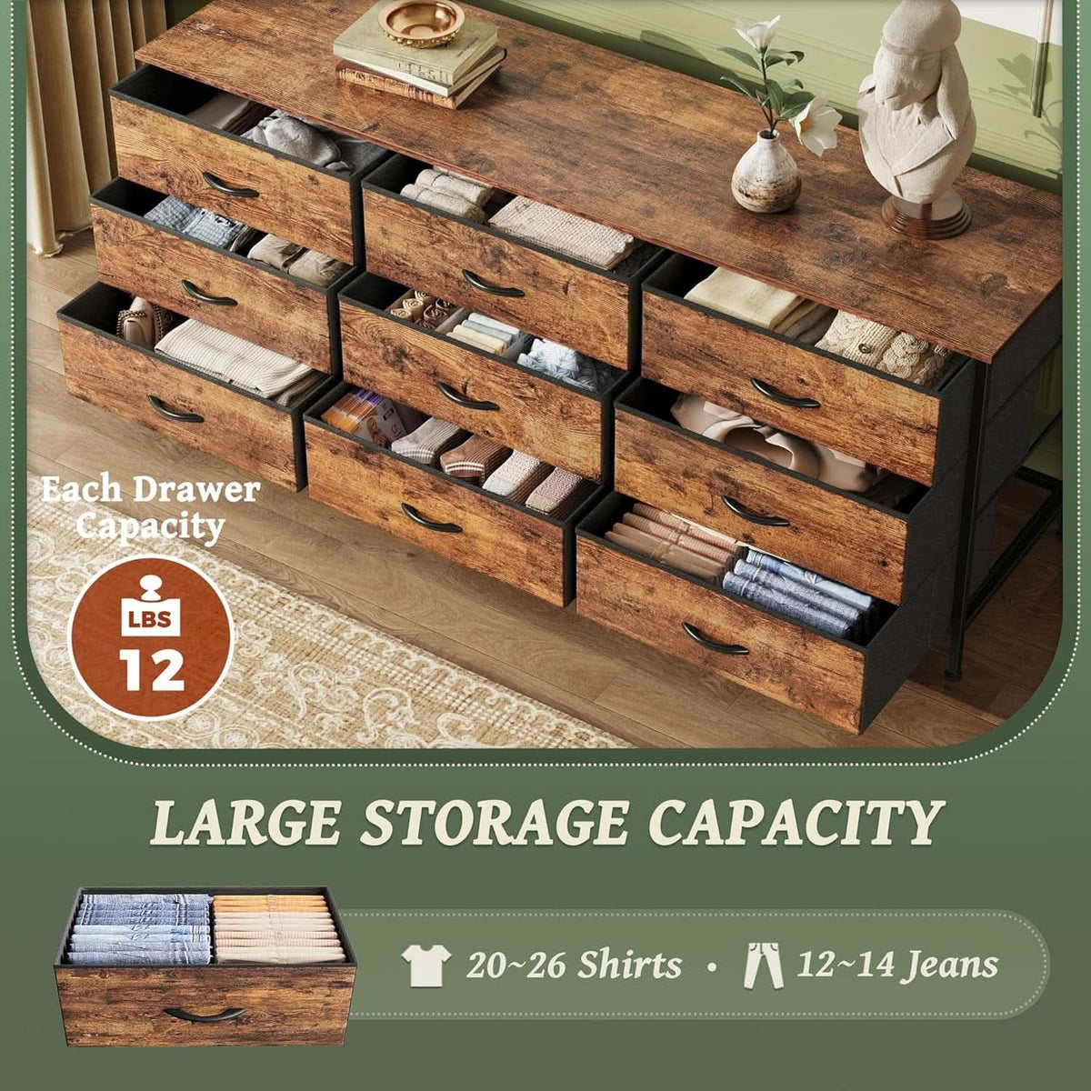 55 Inch Dresser TV Stand With 9 Fabric Drawers Rustic Brown