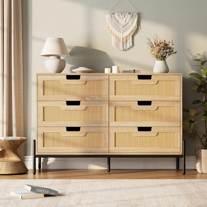 Rattan Open work Braided Chest Of Six Drawers Walnut Finish