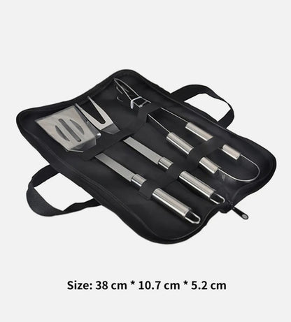 Yellow Pandora 3-piece stainless steel BBQ grill utensils set with spatula, tongs, and fork for outdoor cooking and grilling.