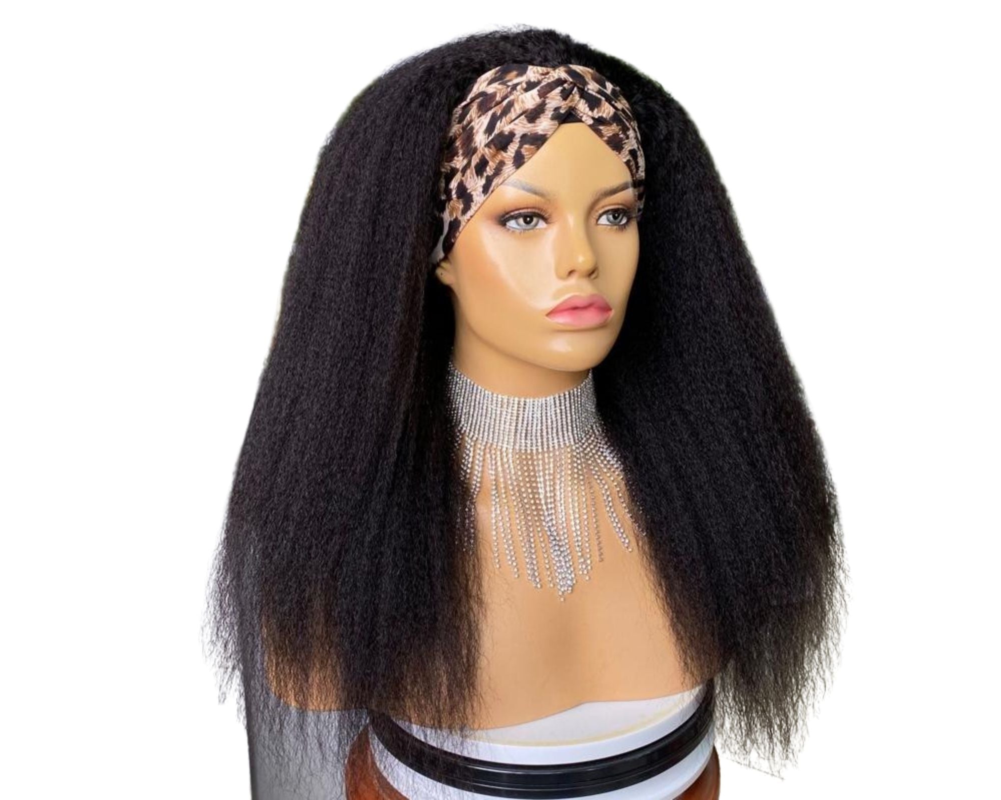Cerise Alfie kinky straight human hair headband wig with scarf, no glue, easy wear, suitable for bath and beauty use