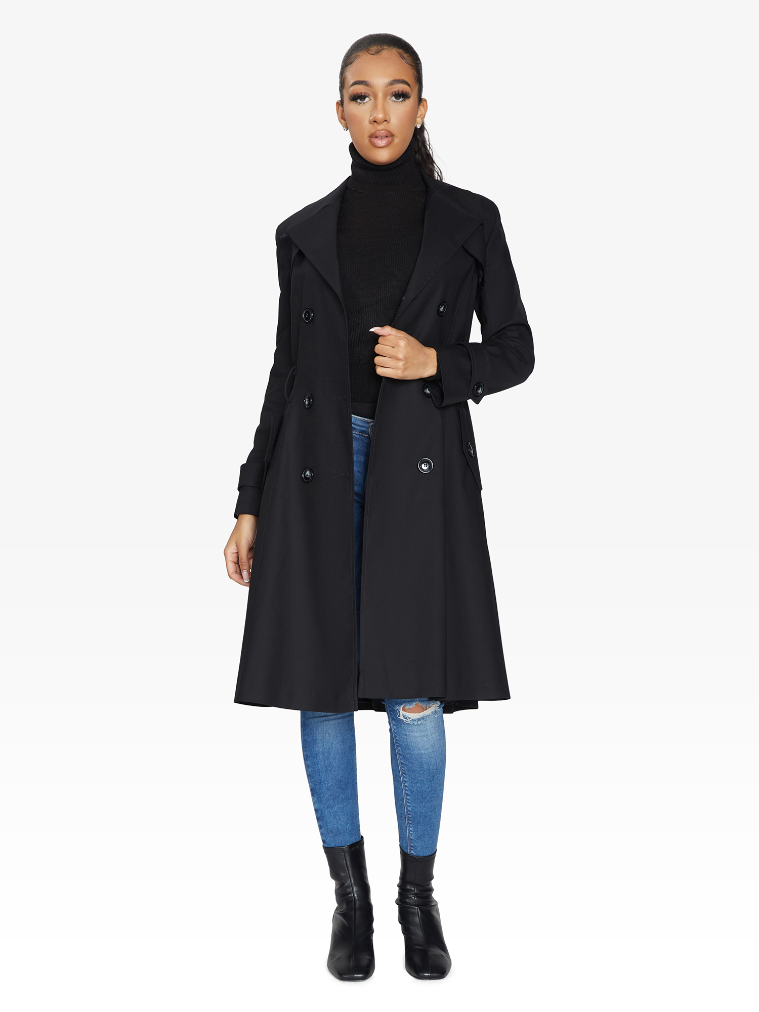 Black Rose Eleusis double-breasted trench coat for spring and summer, stylish jacket with classic design and button details.