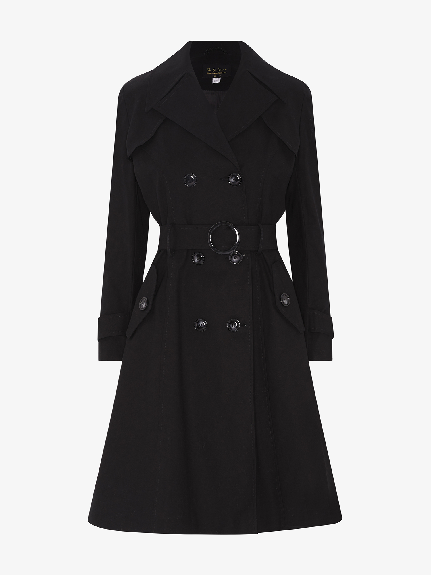 Black double-breasted trench coat by Rose Eleusis, lightweight spring/summer jacket with classic design and tailored fit.