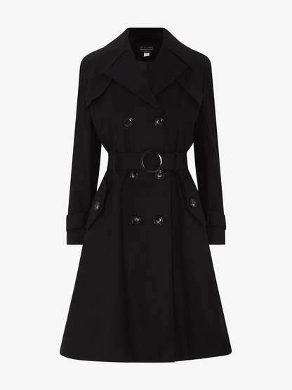 Black double-breasted trench coat by Rose Eleusis, lightweight spring/summer jacket with classic design and tailored fit.