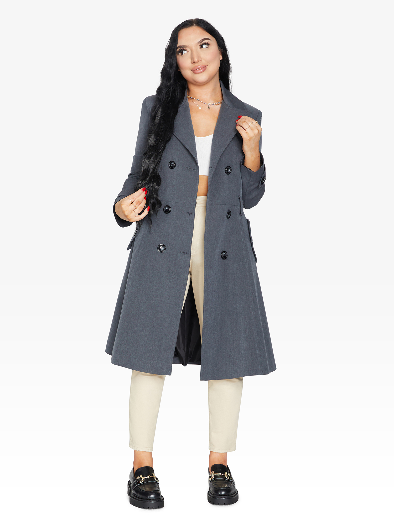 Grey Rose Eleusis double-breasted trench coat for spring and summer, stylish jackets and coats for women.