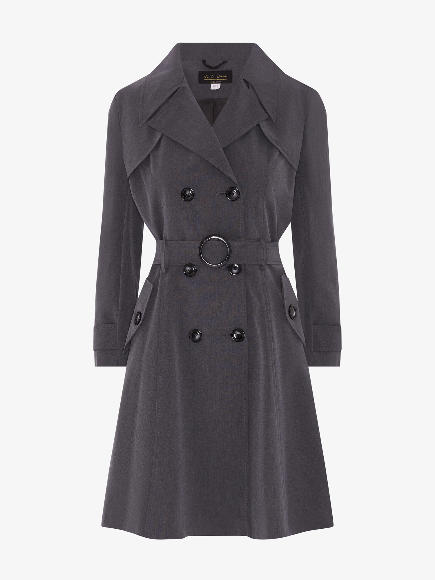 Gray double-breasted trench coat by Rose Eleusis, lightweight spring/summer jacket with classic design and stylish collar.