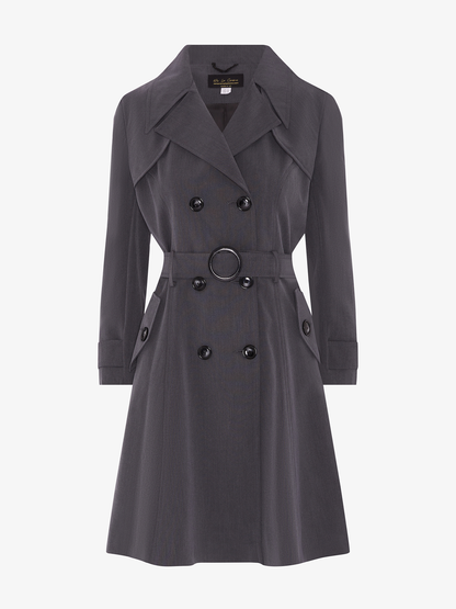 Gray double-breasted trench coat by Rose Eleusis, lightweight spring/summer jacket with classic design and stylish collar.