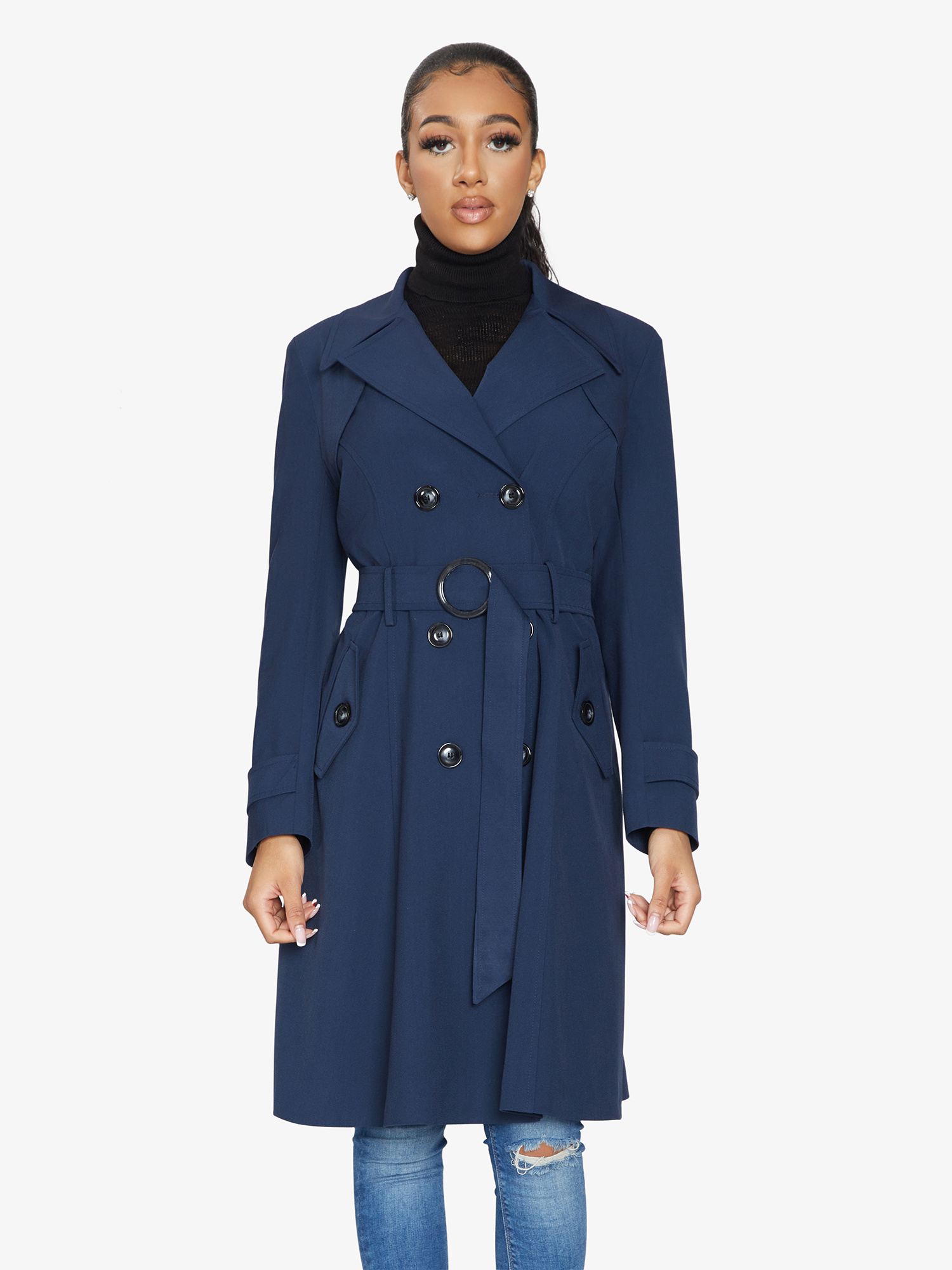 Navy double-breasted trench coat by Rose Eleusis, lightweight spring and summer jacket with classic collar and button details.