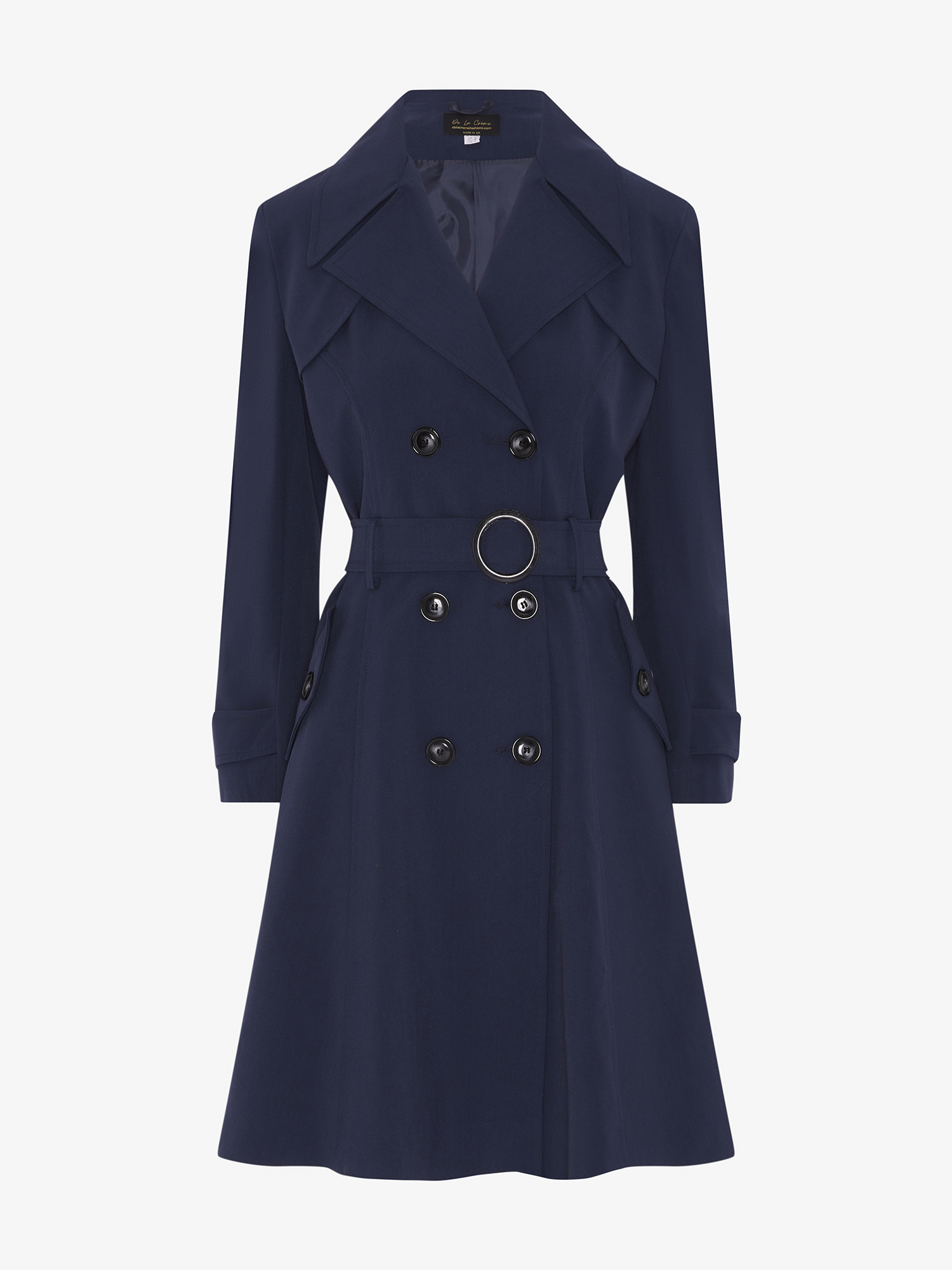 Navy double-breasted trench coat by Rose Eleusis, lightweight spring/summer jacket with classic design and button details.