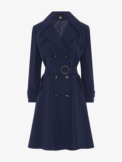 Navy double-breasted trench coat by Rose Eleusis, lightweight spring/summer jacket with classic design and button details.