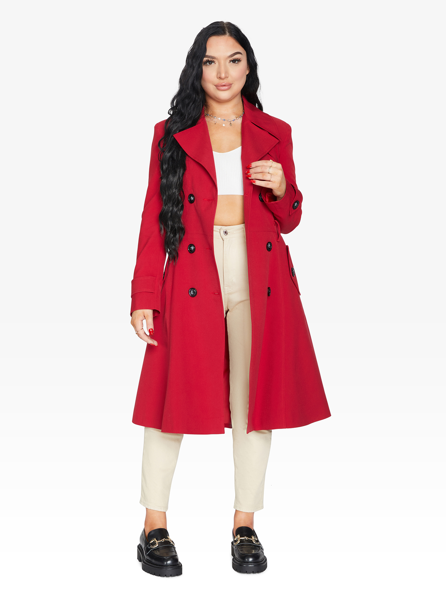 Rose Eleusis double-breasted trench coat in light fabric, featuring classic lapels and a stylish spring/summer jacket design.