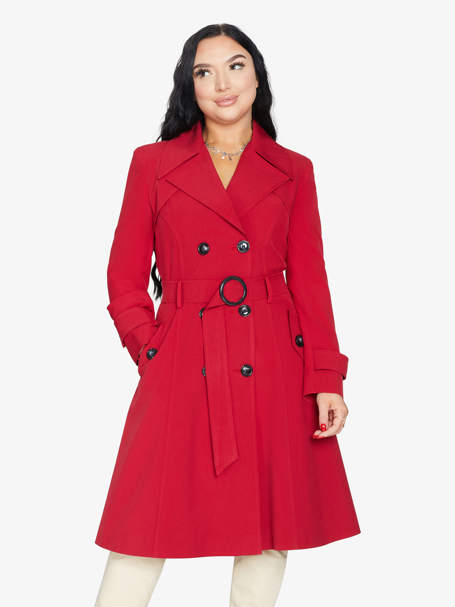 Rose Eleusis double-breasted trench coat in spring/summer style, shown in beige fabric with classic lapels and button details.