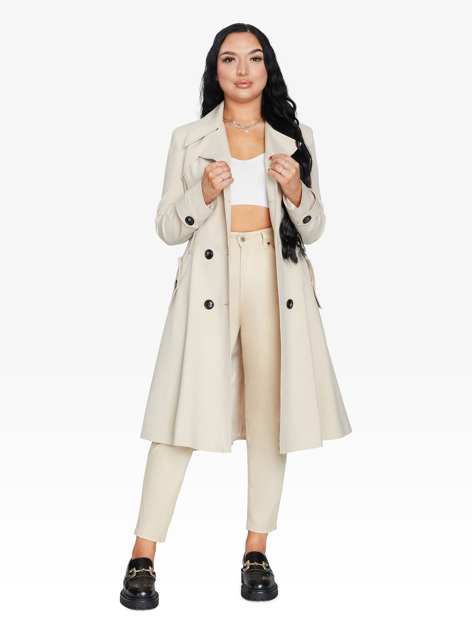 Rose Eleusis double-breasted trench coat for spring and summer, featuring a stylish design in a stone color.