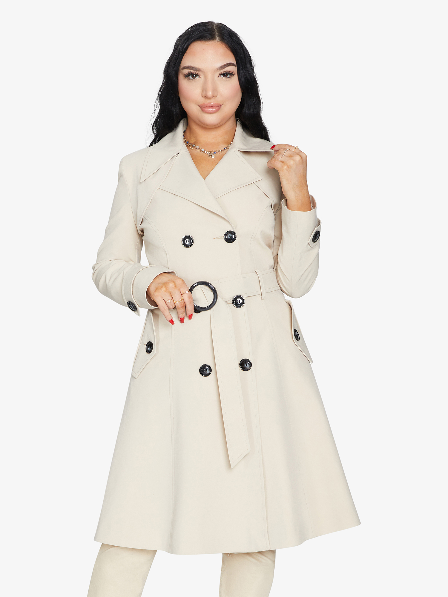 Rose Eleusis double-breasted trench coat in lightweight fabric, perfect for spring and summer, shown in a neutral color.