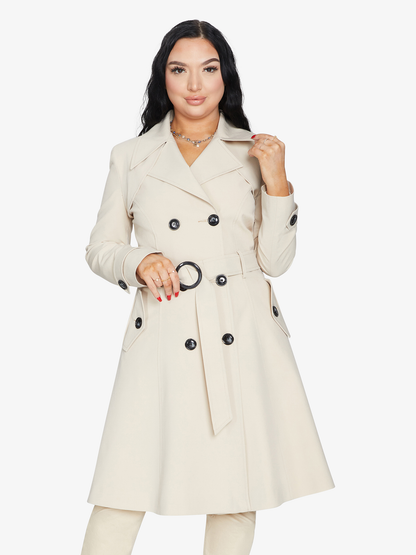 Rose Eleusis double-breasted trench coat in lightweight fabric, perfect for spring and summer, shown in a neutral color.