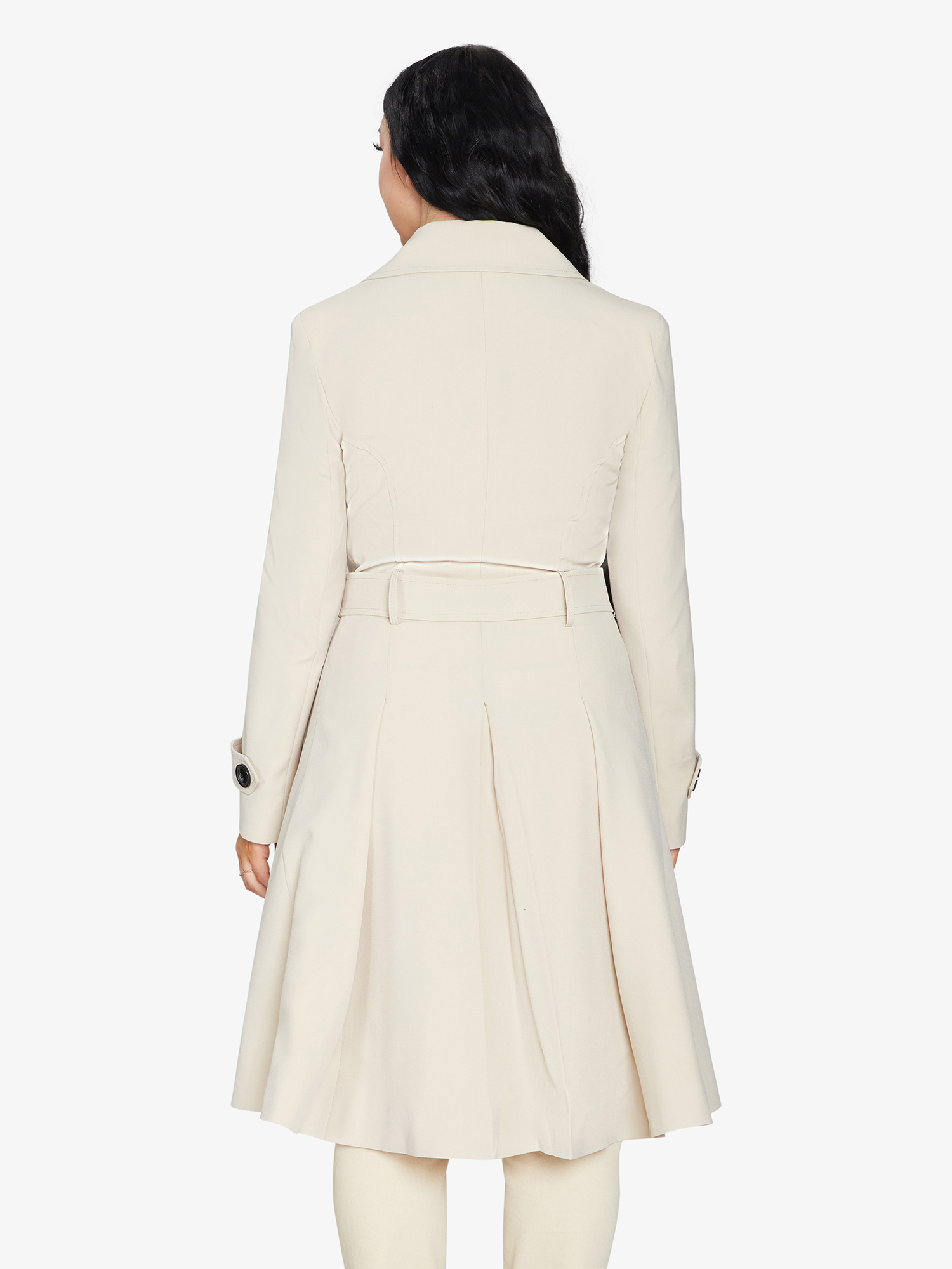 Rose Eleusis double-breasted trench coat in light stone color, perfect for spring and summer, displayed on a hanger.