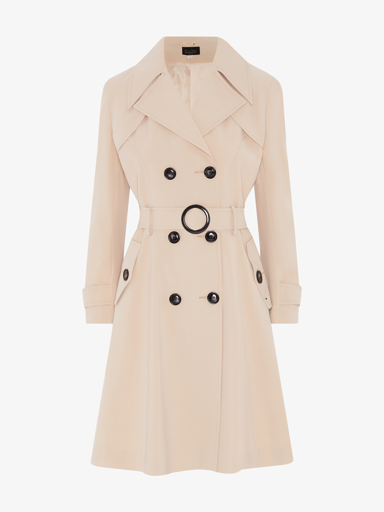 Rose Eleusis double-breasted trench coat in light stone ghost color, stylish spring/summer jacket with classic design and fabric texture.