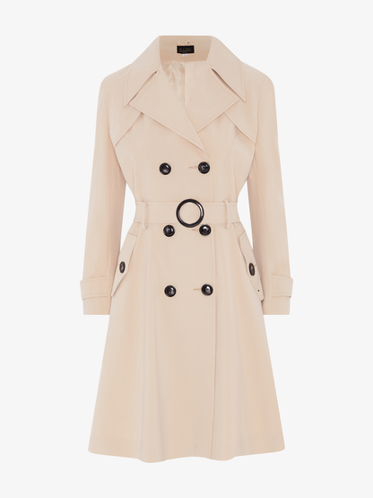 Rose Eleusis double-breasted trench coat in light stone ghost color, stylish spring/summer jacket with classic design and fabric texture.