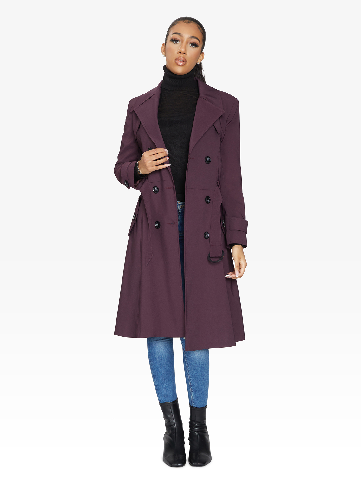 Rose Eleusis double-breasted trench coat in light fabric, perfect for spring and summer, shown in wine color.